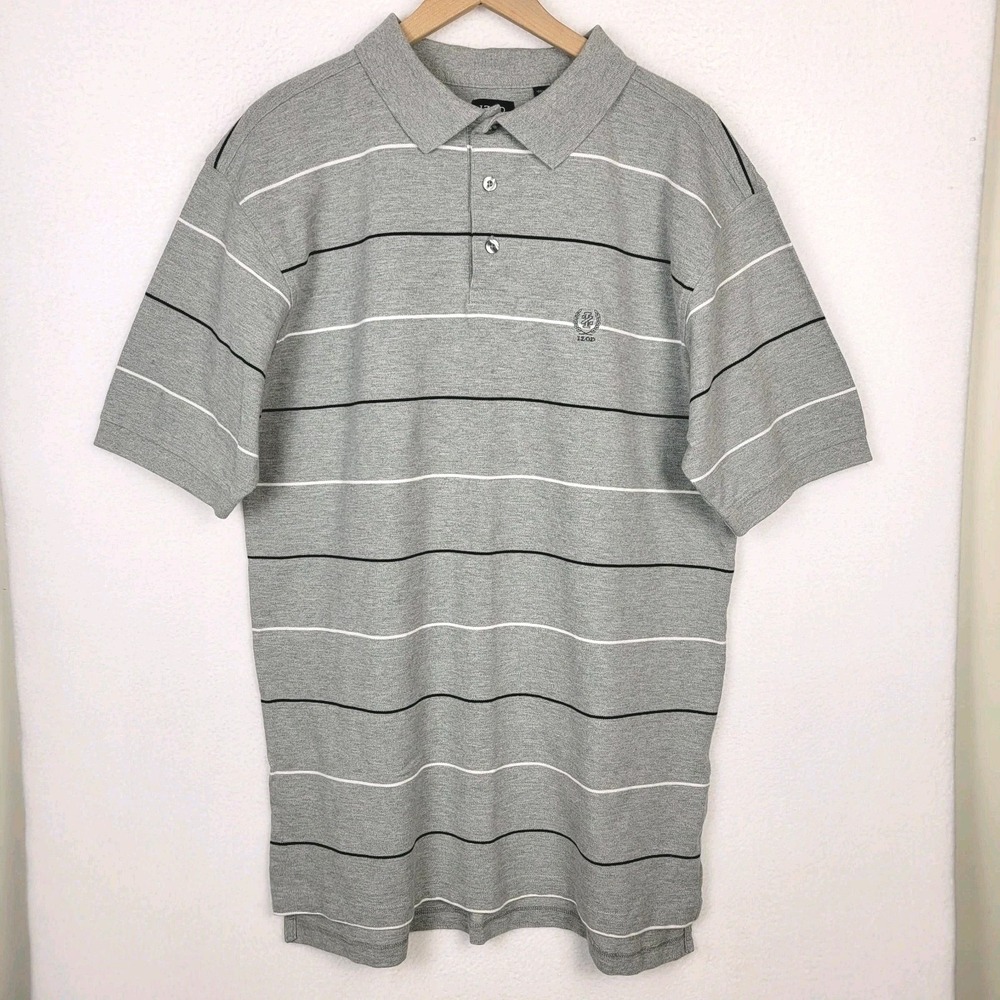 Vintage 90s IZOD Striped Polo Shirt Mens XLT Gray 100% Cotton‎ Tall Pique NICE